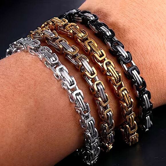 STAINLESS STEEL GOLD BYZANTINE MECHANIC SILVER BLACK BIKER BRACELET - Picture 7 of 8